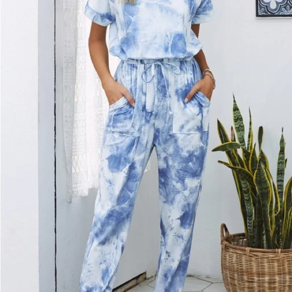 Blue Pocketed Tie Dye Knit Jumpsuit. NWT. - Picture 2 of 16